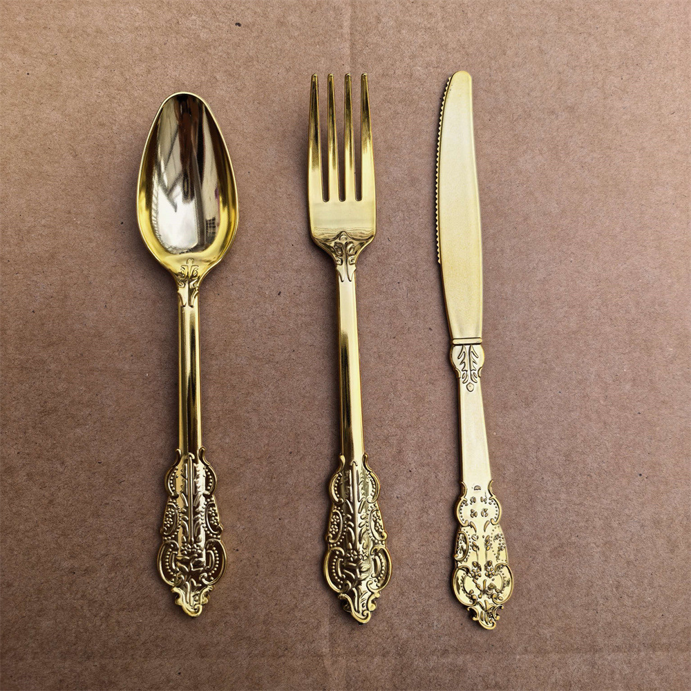 Vintage embossed gold, silver, rose gold UV-coated disposable cutlery and spoon birthday party supplies
