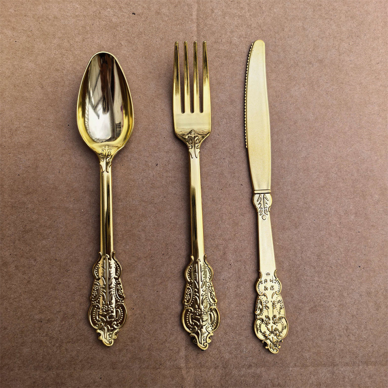 Vintage embossed gold, silver, rose gold UV-coated disposable cutlery and spoon birthday party supplies