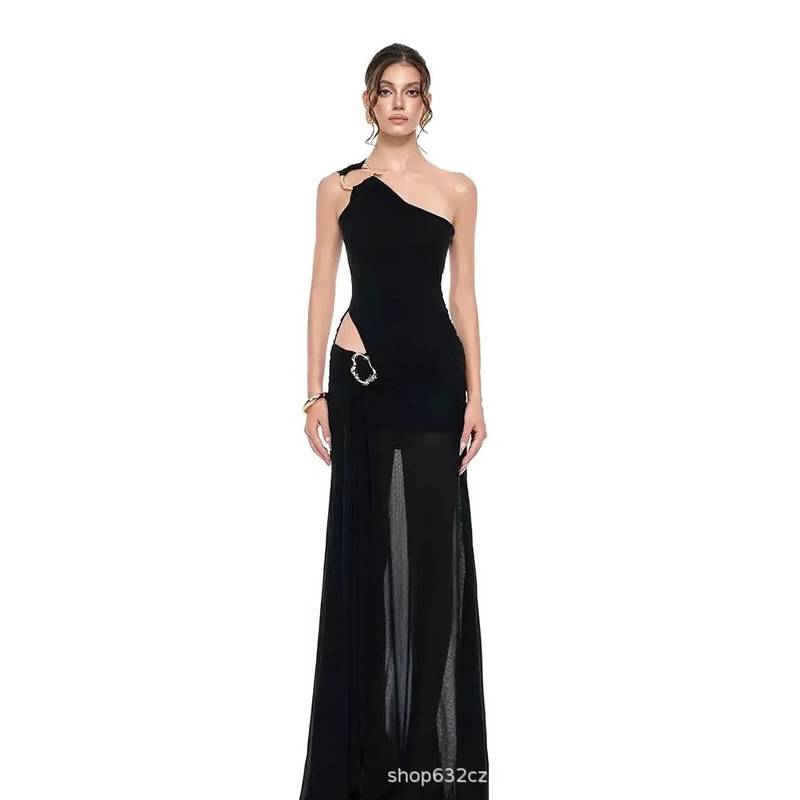 Black Light Mature Style Slanted Shoulder Dress for Women in Summer, High-End, Noble and Beautiful See-Through Asymmetrical Banquet Dress Black Light Mature Style Slanted Shoulder Dress for Women in Summer, High-End, Noble and Beautiful See-Through Asymmetrical Banquet Dress