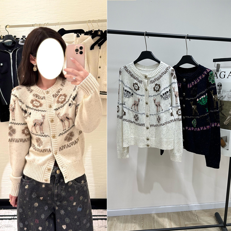 Tweed Style Christmas Four-Leaf Clover Snowflake Deer Bright Silk Jacquard Round Neck Sweater Cardigan Wool Jacket Women's Top