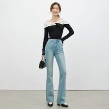 高端女装四面弹微喇弹力修身牛仔长裤时尚潮流批发代发