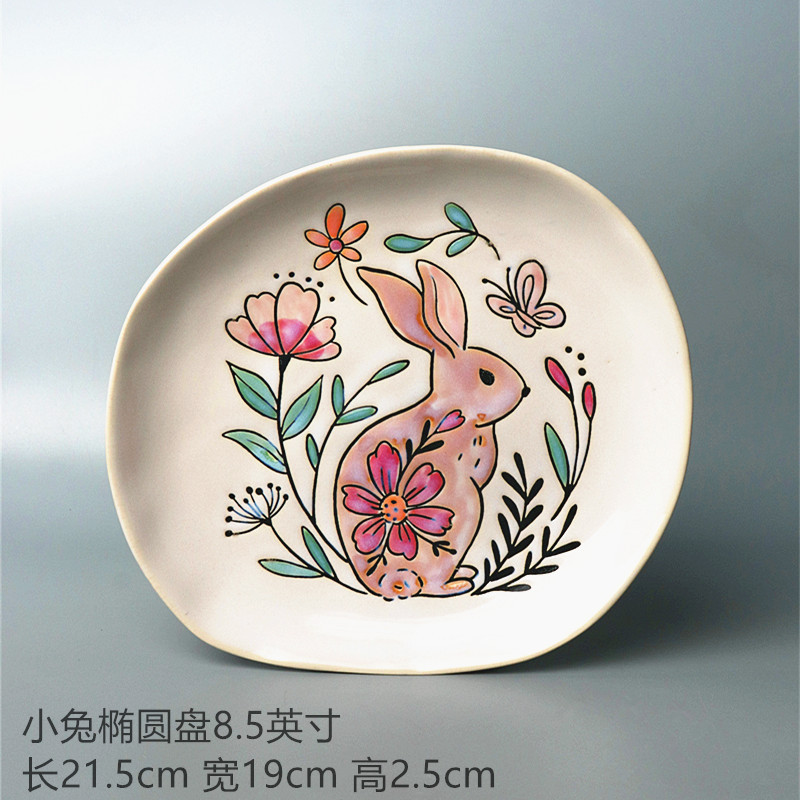 ヨーロッパ式円形大皿陶磁器手描き釉薬下果物クリエイティブケーキ皿家庭用料理皿円形ステーキ皿皿皿|undefined