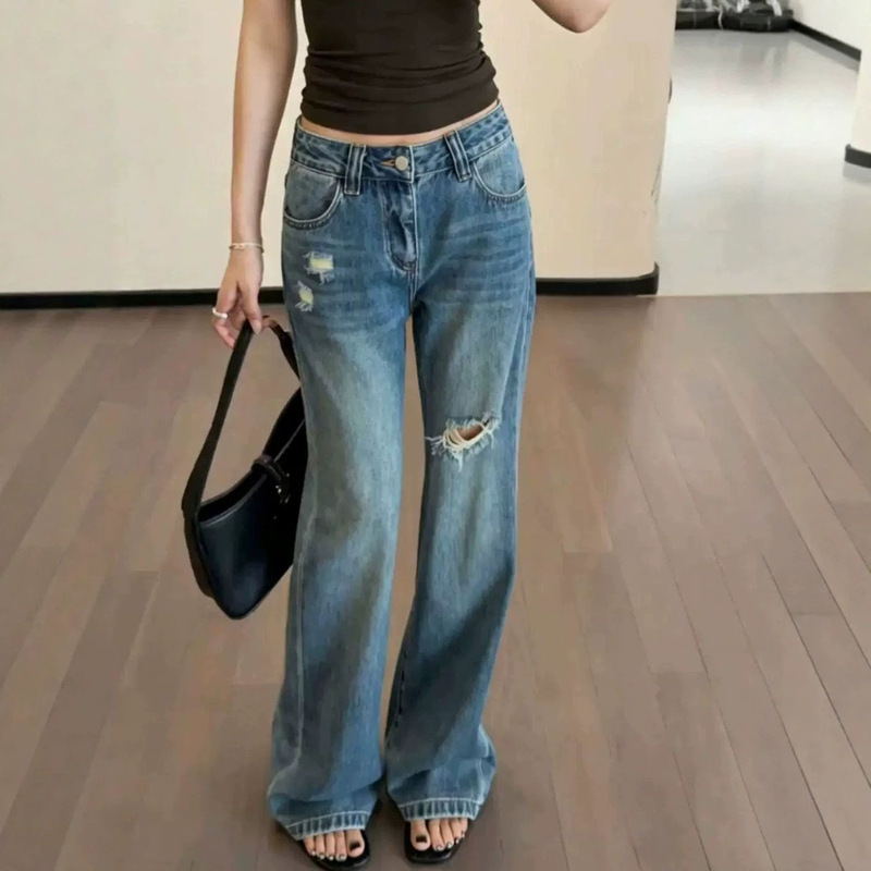 Stylish Casual Vintage Washed Ripped Jeans for Women, 2026 Autumn New High-Waisted Slimming Slightly Flared Straight-Leg Trousers