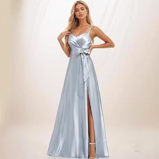 Cross-Border Export Evening Dress Spaghetti Straps Bridesmaid Dress 2025 Women's Slit Bow Satin Evening Dress