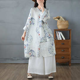 实拍 秋季国风淡雅盘扣斜襟立领青花瓷中长款连衣裙衬衣