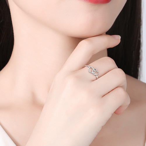 S925 sterling silver heart-to-heart ring for women ins style simple and fashionable double love Korean creative index finger ring