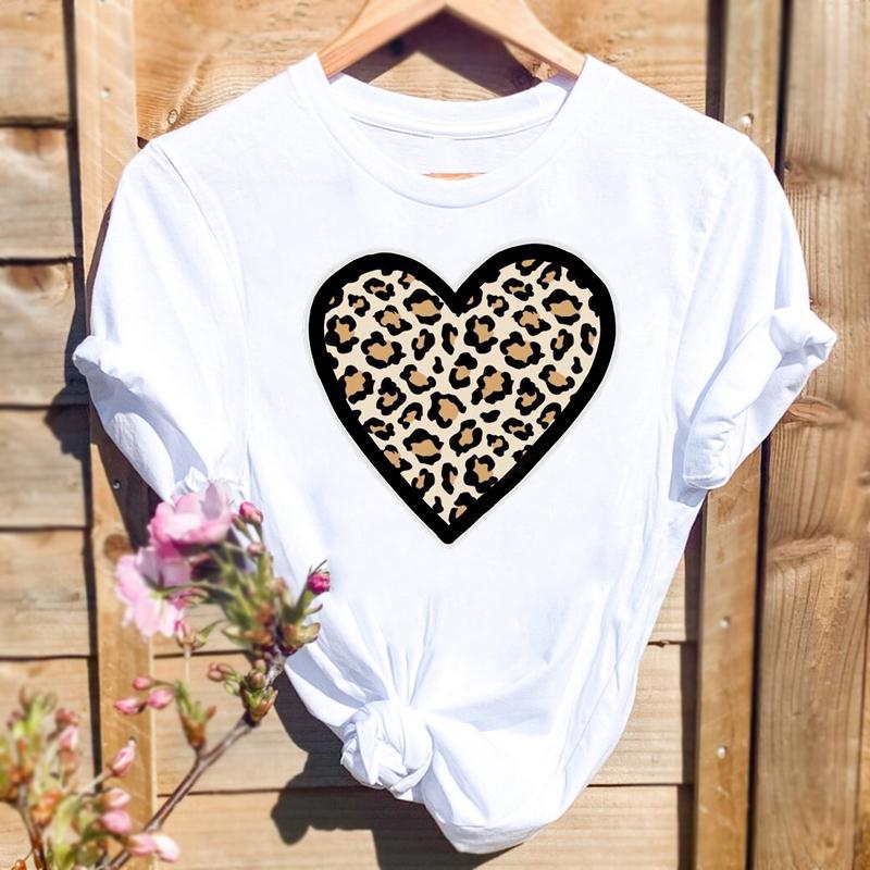 105g Weight Short Sleeve Sleeve Length Pullovers Placket Type Regular Sleeve Sleeve Type Spandex, Polyester Fabric Type Regular Top Length T-shirt Tops Type Daily Occasion Round Neck Neckline Loose Fit Type Letter, Heart Shape, Leopard Pattern Summer, Spring Season Women's Gender Printing Design Simple Style, Streetwear Style Wholesale Women's Simple Style Streetwear Letter Heart Shape Leopard Short Sleeve Printing T-Shirts 5