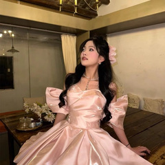 フレンチライトラグジュアリー大人ドレスデザイン気質ショート宴会誕生日パーティーワンショルダーピンクプリンセスドレス