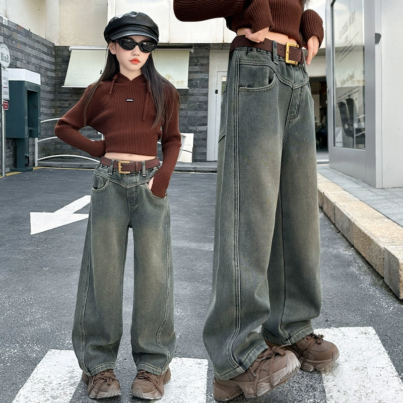 Детские осенне-зимние брюки 2025: Новинка в корейском стиле, свободные и модные, с лоскутным дизайном, широкие штанины, длинные брюки в пол