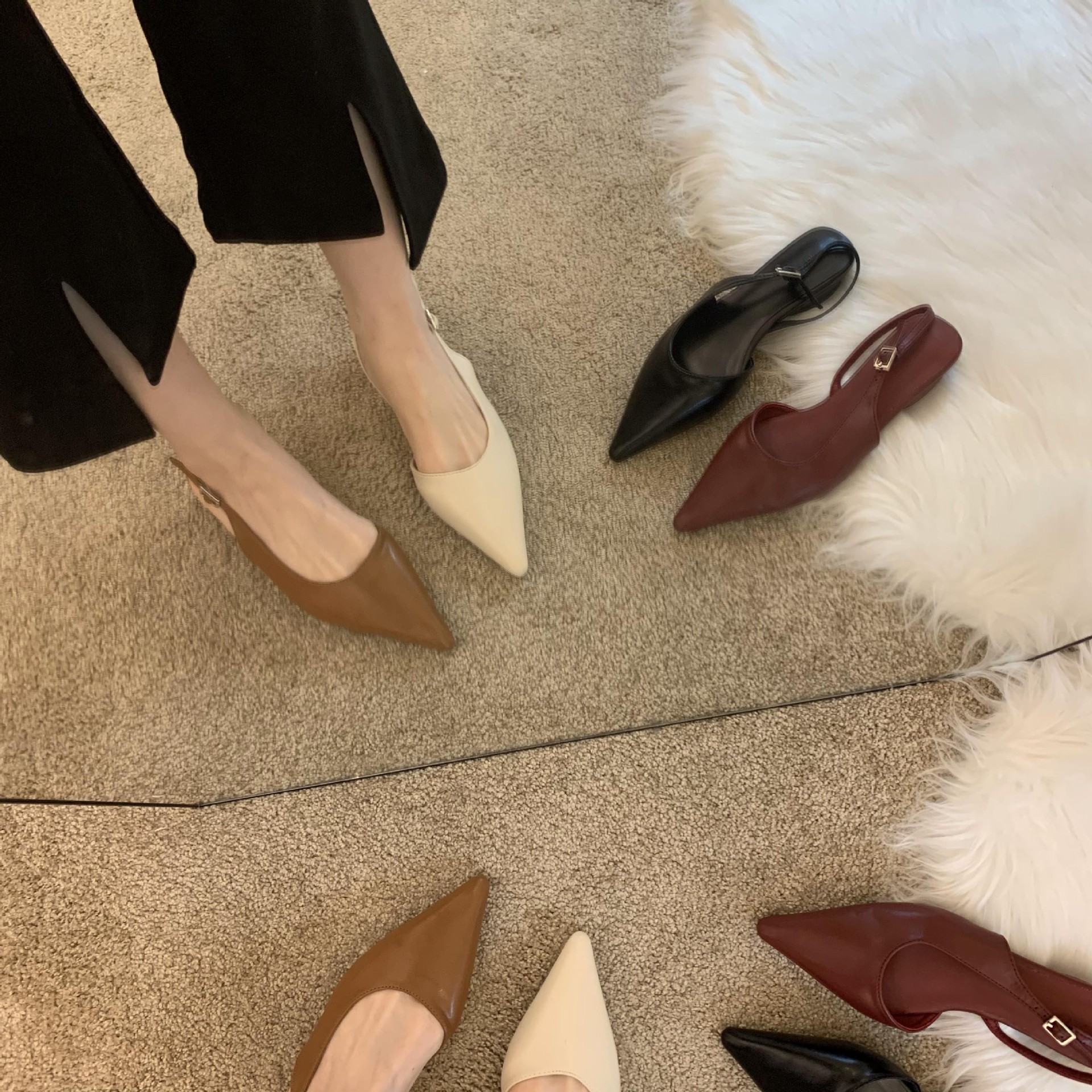 Dámské ploché boty s internetovými celebritami pro jaro a léto 2023, tenký podpatek, špičatá špička, mělká ústa, taštičková špička, kočičí podpatek, pásek, vílí boty_voghion.com