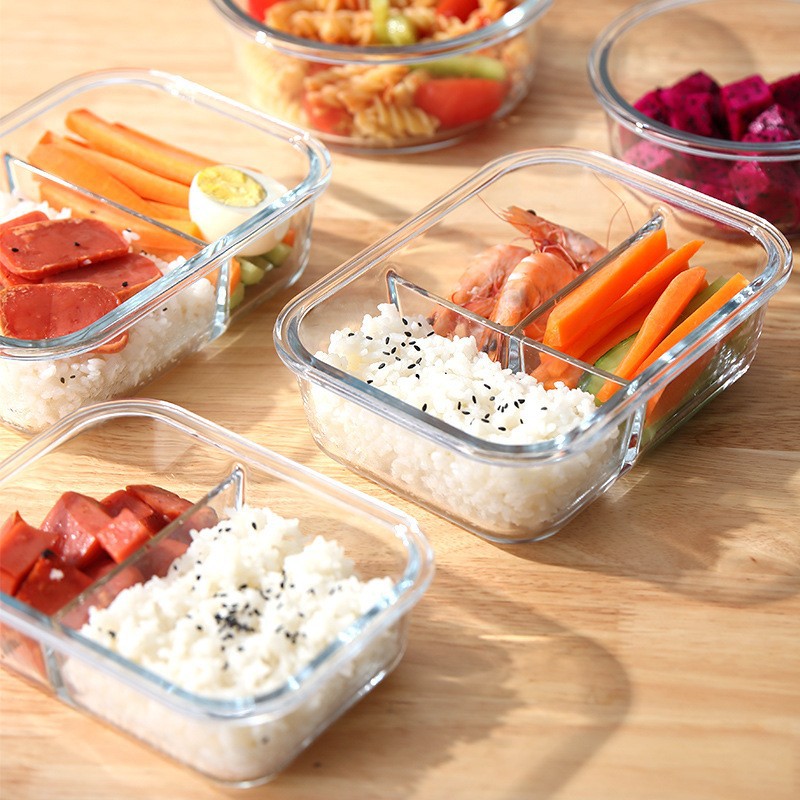 Fábrica directa a través de alta borosilicona de vidrio almuerzo caja de almuerzo resistente al calor caja de almuerzo fresca caja de almuerzo puede calentar el logotipo de impresión de microondas