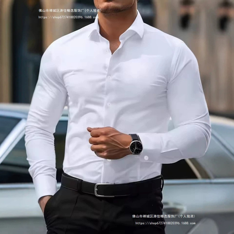 Muscular Men's Business Shirts, No-Iron Professional Work Wear, Summer Anti-Wrinkle Casual Shirts, Men's Long-Sleeved Shirts