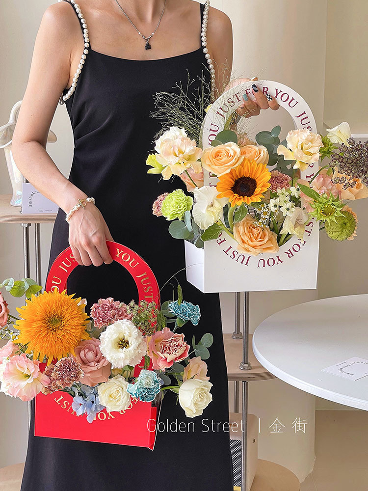  简约花篮盒情人节鲜花花束手提袋玫瑰花包装盒diy花艺包花