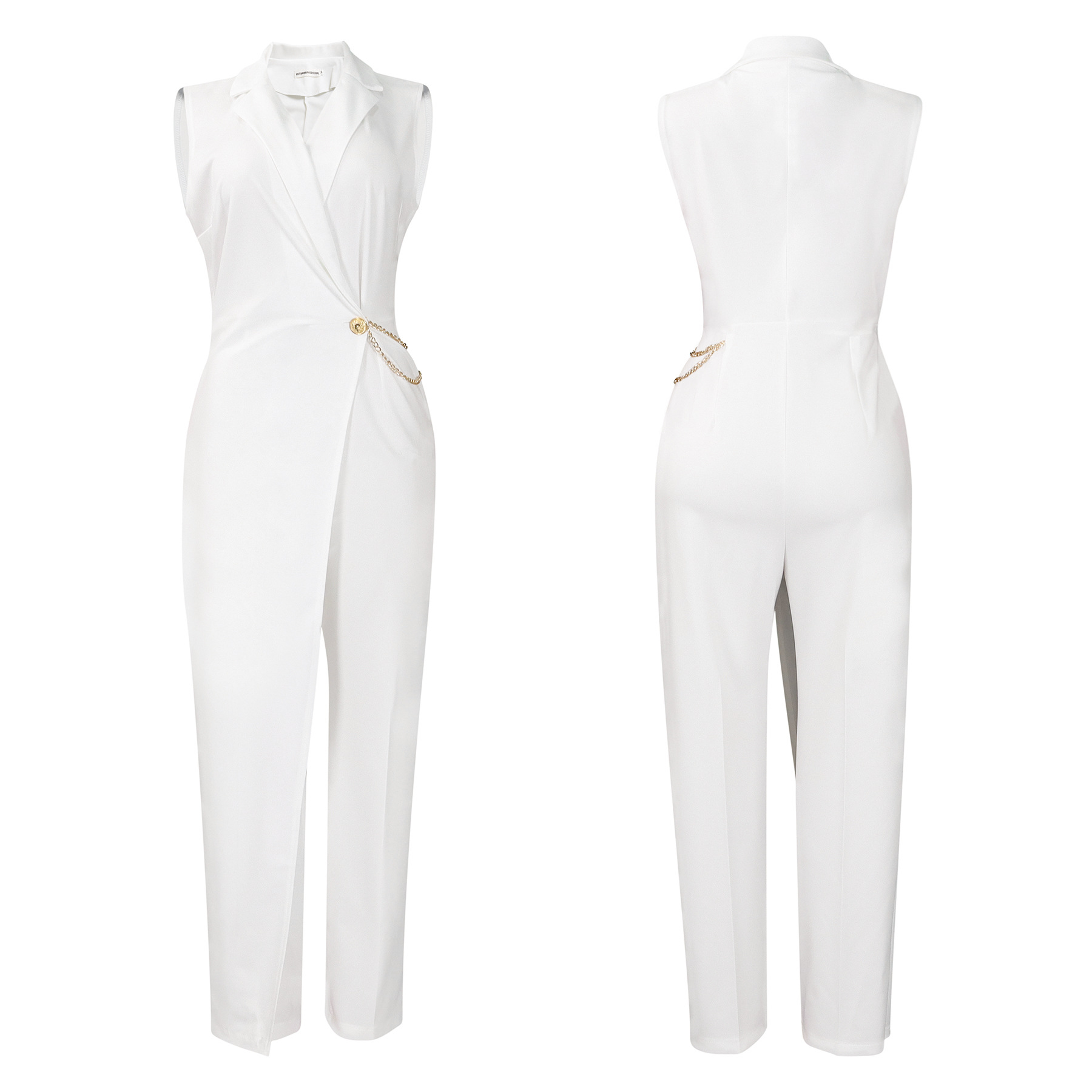women's clothing new style elegant suit collar waist chain loose wide leg jumpsuit_voghion.com