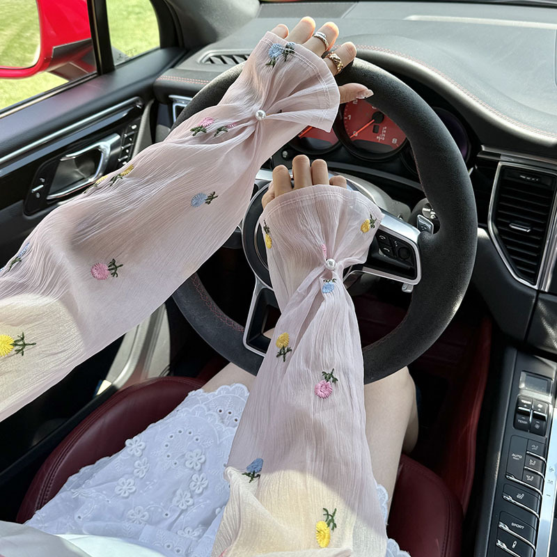 Mangas de hielo, mangas de protección solar, nuevas flores bordadas, mangas acampanadas sueltas, hebilla de perlas, mangas de hielo, mangas de seda de hielo, mangas de seda de hielo, mujeres