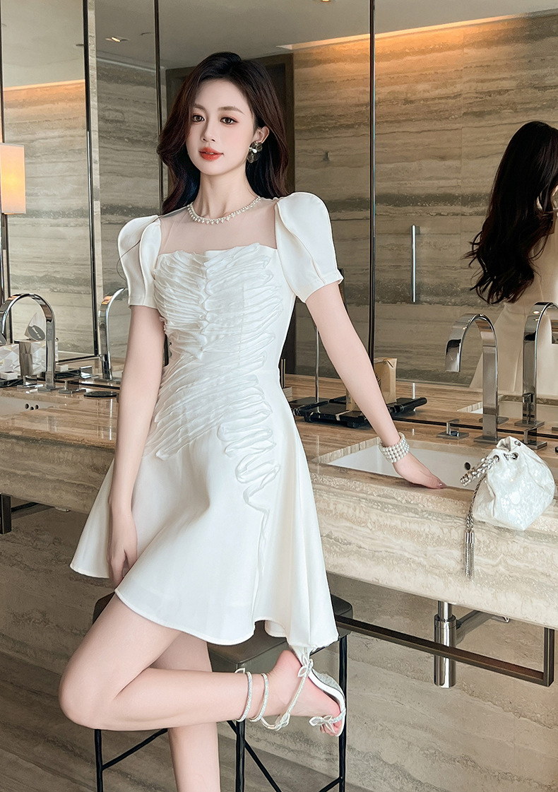 Váy trắng thiết kế kiểu Pháp eo nhỏ phồng xòe dáng midi — Màu trắng chi tiết 6