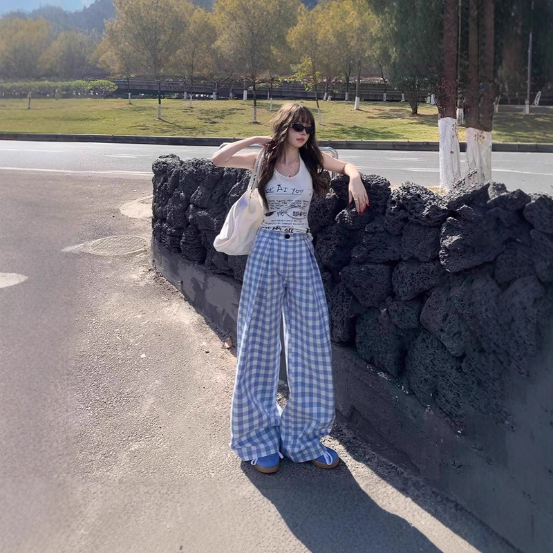 Korean Style Blue Plaid Pants for Women 2025 Summer New High-Waisted Slimming Loose Lazy Style Straight Casual Pants
