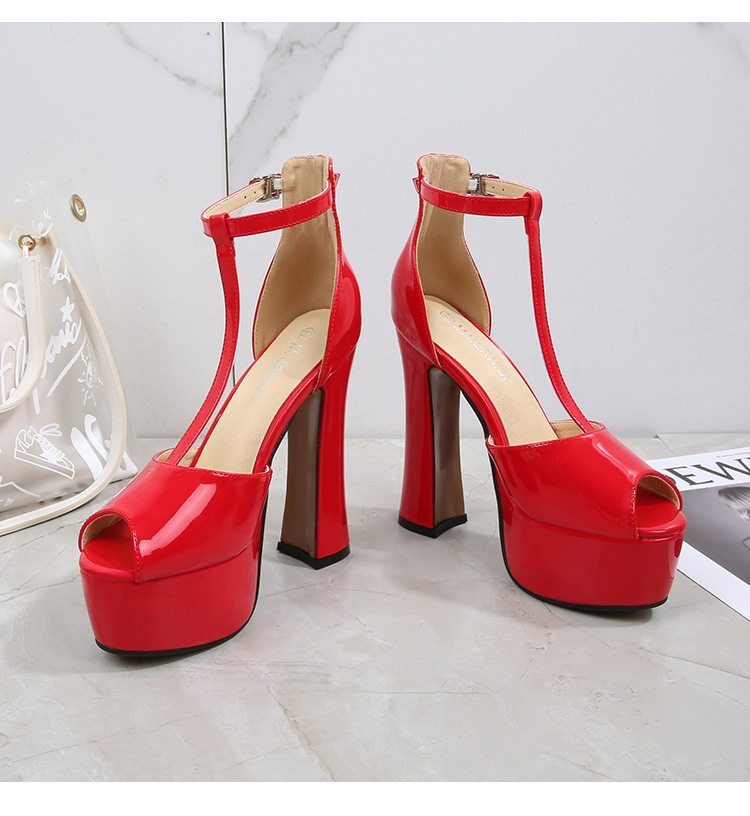 Sandal nữ quai T mũi hở cá, gót dày siêu cao trên 8 cm, phong cách châu Âu – Mỹ, size lớn — Màu trắng, Màu đen, Màu đỏ, Đỏ đào chi tiết 38