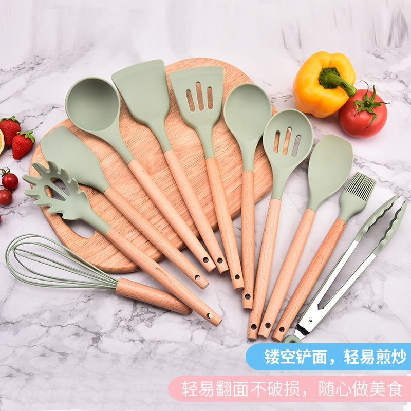 厂家批发硅胶厨具12件套装厨房烹饪木柄锅铲收纳用跨境热销套装|undefined