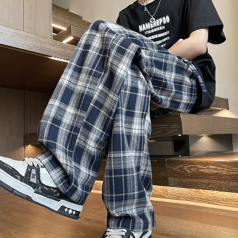 Hong Kong Style Retro Flannel Plaid Pants for Men, Spring and Autumn Trendy Loose Straight Wide-Leg Casual Versatile Pants