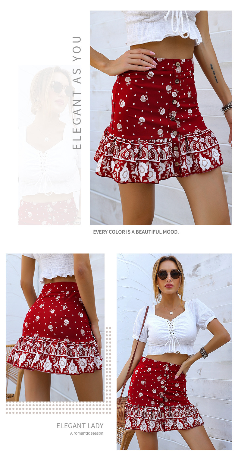 Short Red Ruffled Print Skirt NSYYF61897