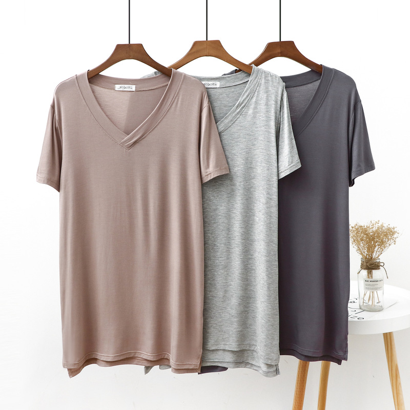 Spring and Summer mid-length chest pad short sleeve plus size T-shirt women's V-neck modal bottoming shirt Women's versatile slimming loose top