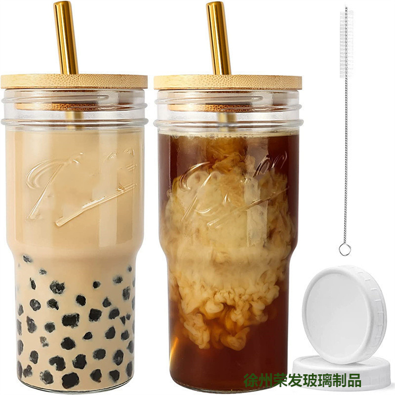 跨境亚马逊竹盖饮料玻璃水杯吸管杯网红家用奶茶杯22oz盎司玻璃瓶|undefined