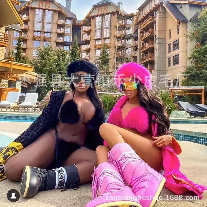 2025仿狐狸毛女情趣内衣沙滩比基尼文胸分体貉子毛欧美风紧身衣