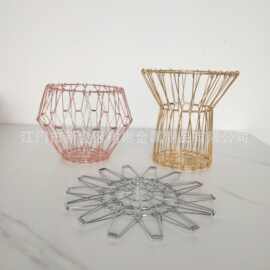 厂家直销跨境北欧创意铁线果篮铁艺多变折叠水果篮电镀金色灯罩架
