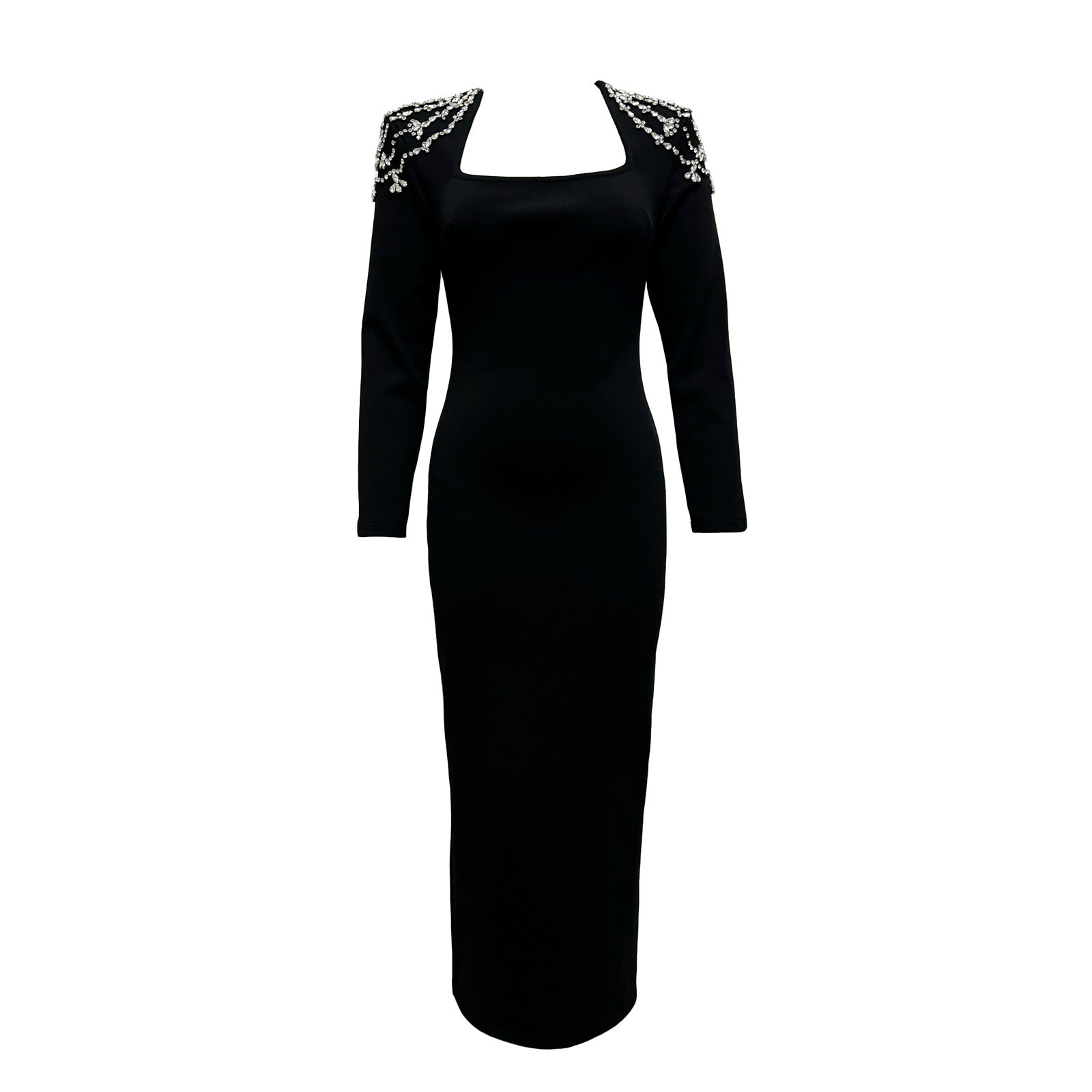 Elegant Rhinestone Embellished Bandage Dress Square Neck Long Sleeved Women's Evening Gown for Parties And Banquets European American Style_ecoleips.com