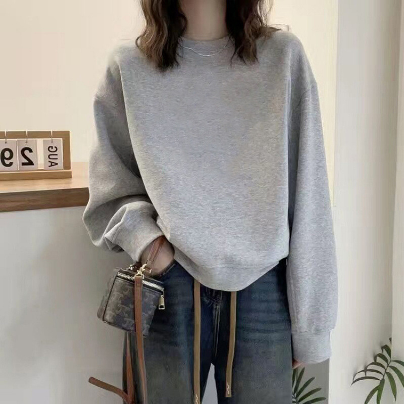 高端卫衣女新款春秋冬季加绒时尚圆领宽松短款百搭套头长袖外套女|undefined