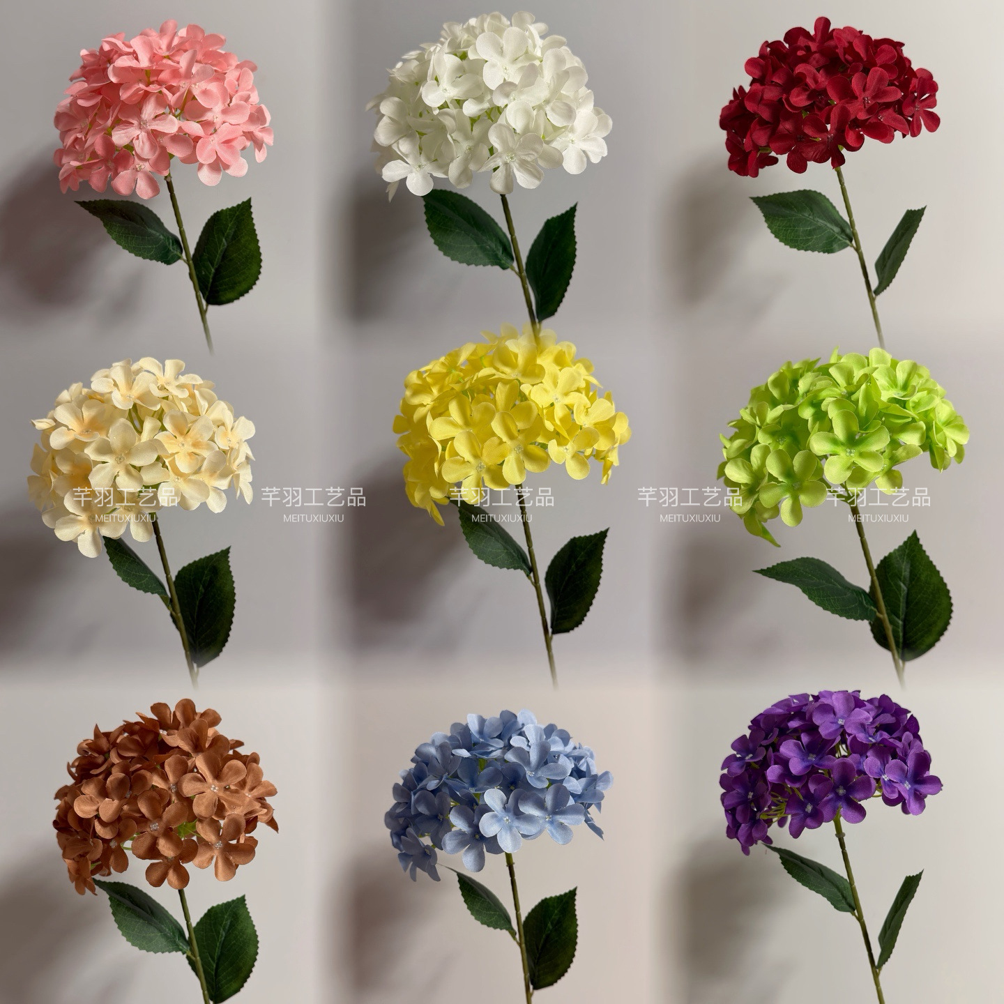 Single Branch Hydrangea 72 Pieces with Leaves Artificial Flower Wedding Wedding Hall Flower Arrangement Decoration Export Red Hydrangea