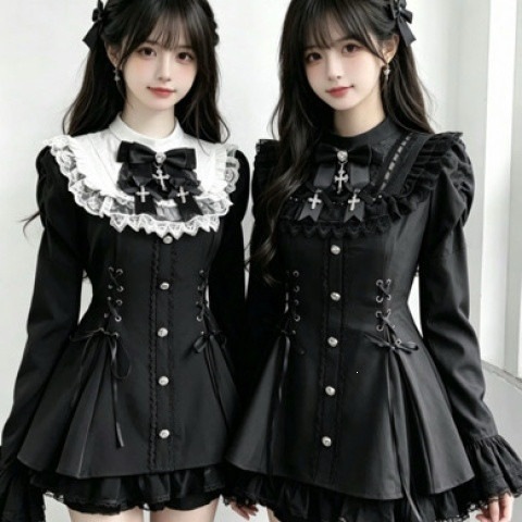2026 New Sweet Lolita Bow Lace Long-Sleeved Short Dress, Fashionable Slimming Waist Dress, Dark Style