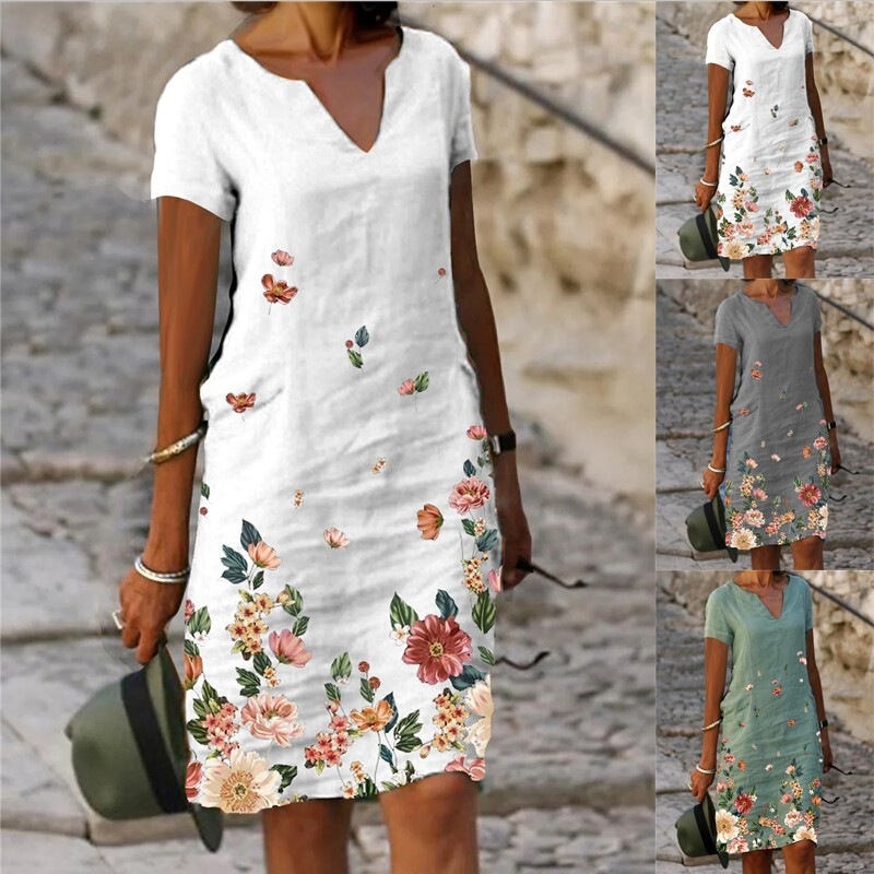 [In stock S-5XL] 2023 WISH Amazon New Floral Print Cotton Linen Short Sleeve Mid-Length V-Neck Dress