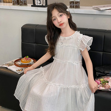 女童夏季连衣裙洋气2024新款儿童时髦白色裙子大童飞袖网纱公主裙