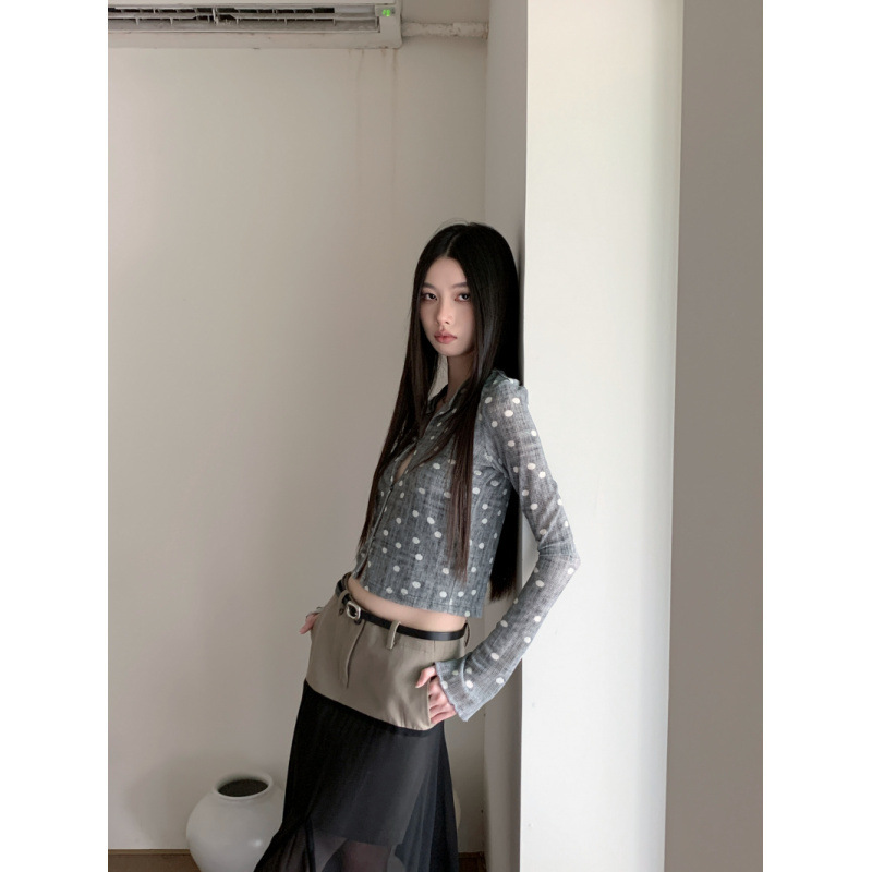 印花波点长袖上衣针织短开衫+流动不规则下摆丝质网纱拼接半身裙|undefined