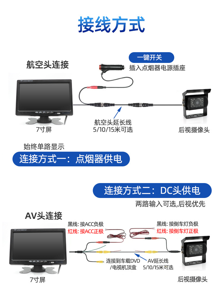 Automobile general infrared high-definition night vision reversing image bus truck ccd rear blind spot camera 7 inch display