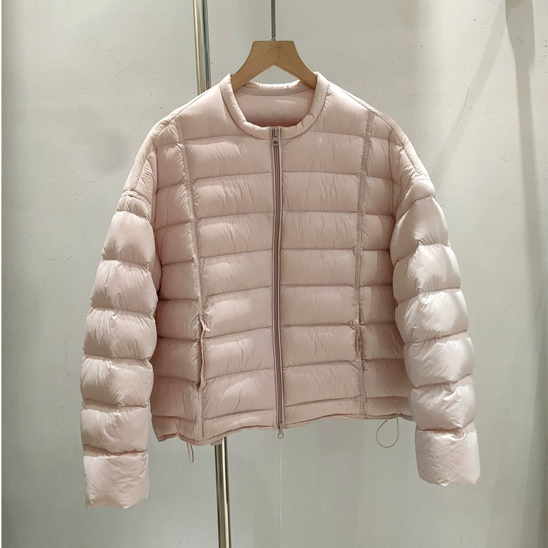 Бархатная короткая демисезонная легкая и тонкая пуховка, утка-пух, oversized, круглый ворот