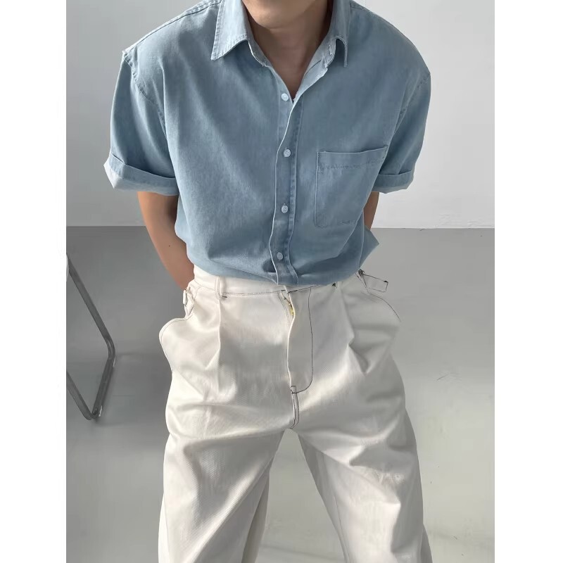 Summer Korean-Style Workwear Denim Short-Sleeved Shirt for Men, Loose and Versatile, Retro Washed Lapel Half-Sleeved Shirt Jacket