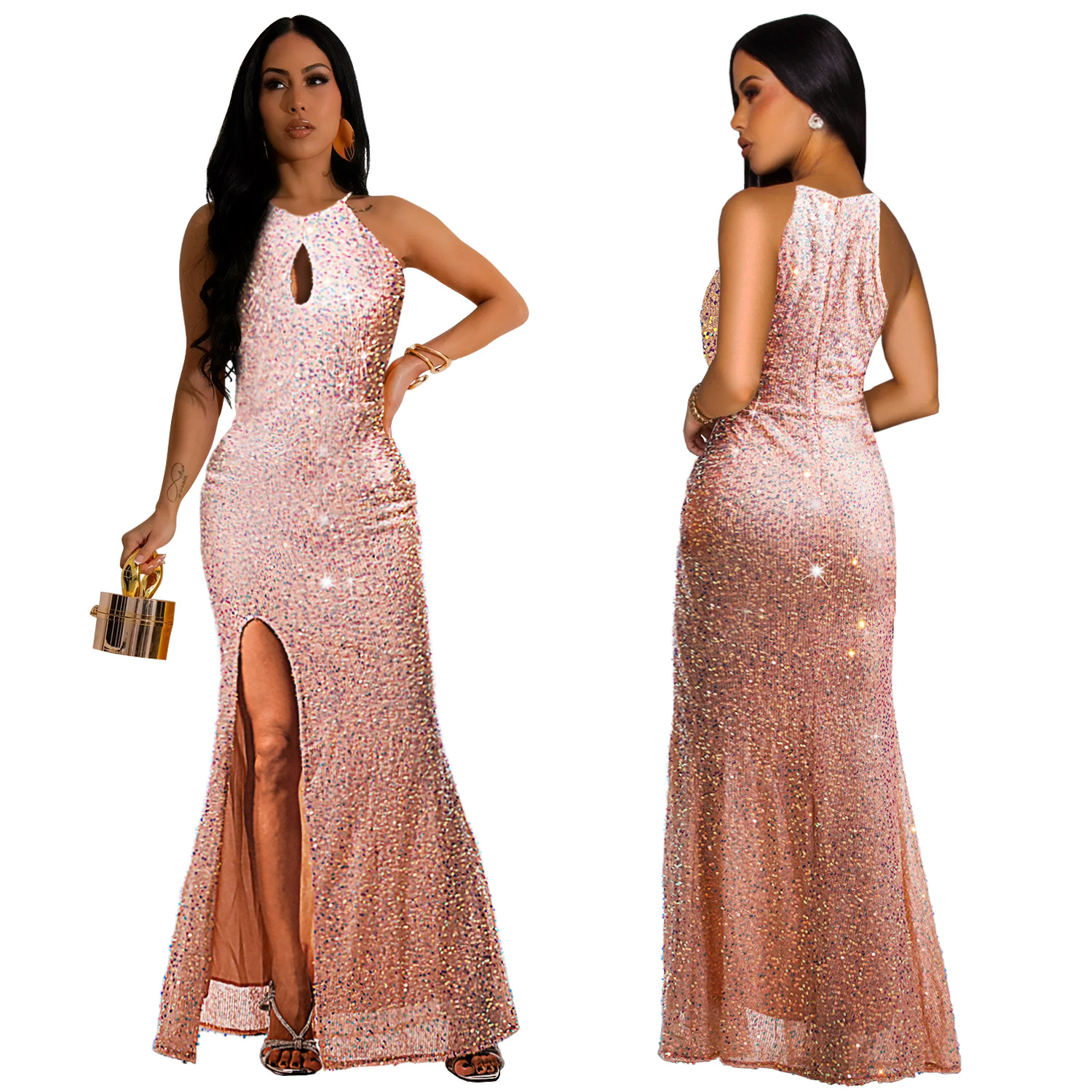 C7273 comercio exterior transfronterizo Europa y Estados Unidos moda de mujer AliExpress Amazonas temperamento sexy perlas vestido bifurcado image 6