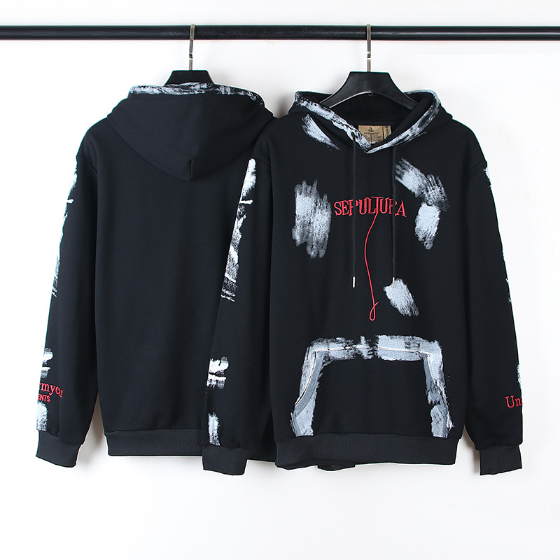 Undermycar Distressed Graffiti Musterdruck High Street Amerikanischer lockerer Kapuzenpullover für Herren- und Damenmode_voghion.com