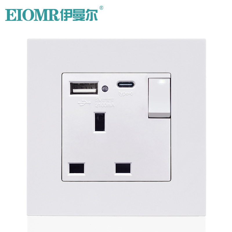 白色13a英標スイッチソケットソケットUSB typeC角穴パネル付き香港マカオ3穴英式ソケット暗