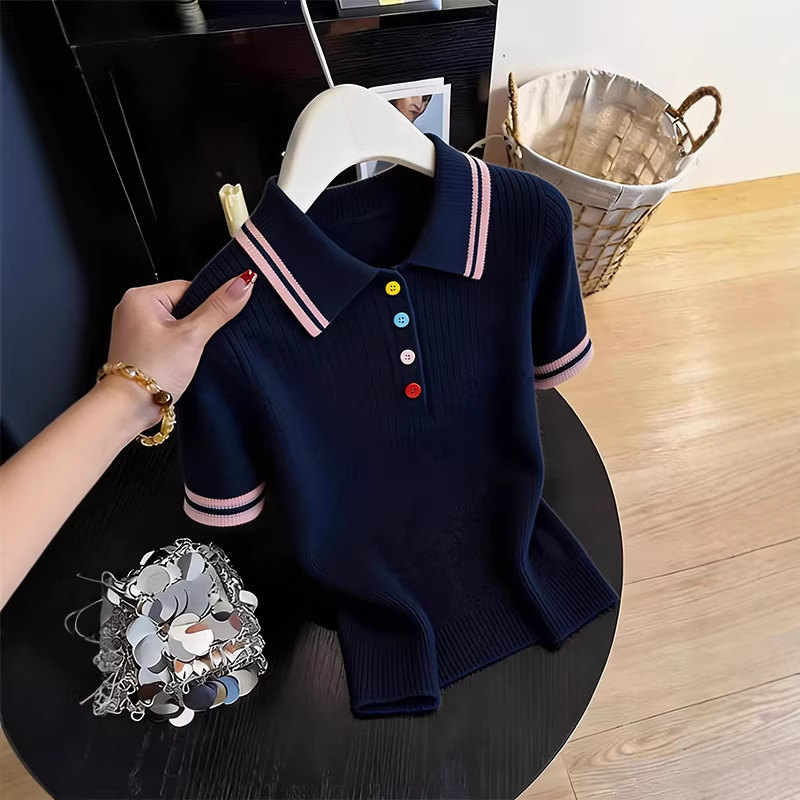Áo thun polo nữ tay ngắn phong cách Hàn Quốc cổ bẻ thiết kế đẹp — Xanh navy chi tiết 2
