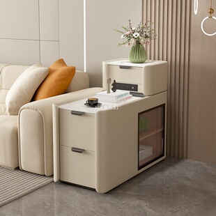 Sofa Side Table Armrest Cabinet with Socket Light Luxury High-End Small Apartment Living Room Multi-Functional Mobile Side Cabinet Storage Cabinet