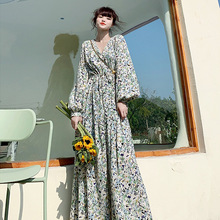 跨境韩国出口高个子洋装春夏季雪纺碎花长袖气质御姐风大摆连衣裙