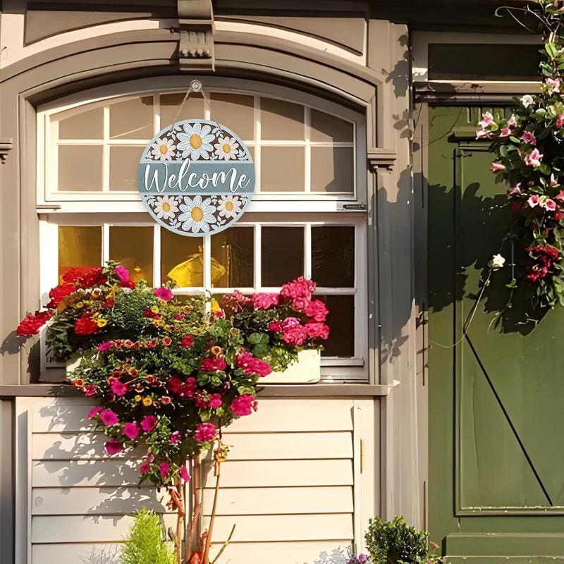 Welcome Spring Summer Daisy Flower Front Door Sign Floral Farmhouse Wooden Door Hook Outdoor Porch Decor