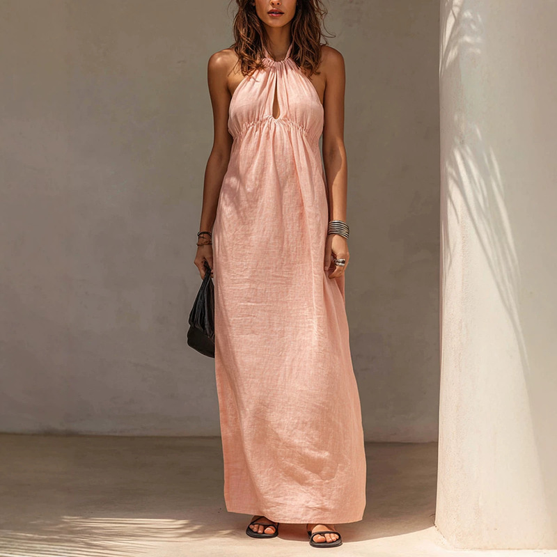 2026 Cross-Border European and American Style Halter Neck Dress for Women, Summer V-Neck High-Heeled Vacation Style Long Dress