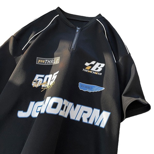 Half-zip short-sleeve polo shirt for men, summer loose American retro t-shirt, niche trendy brand, fashion pure cotton seven-quarter sleeve