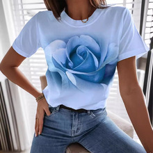2024欧美亚马逊新款短袖女式T恤 玫瑰花系列3D印花女式圆领T恤