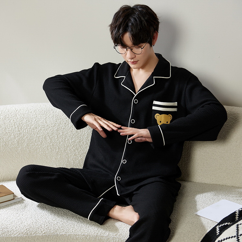 Pijamas de hombre Primavera y otoño solapa de manga larga Cardigan Youth algodón más tamaño suelto traje de uso doméstico se puede usar fuera